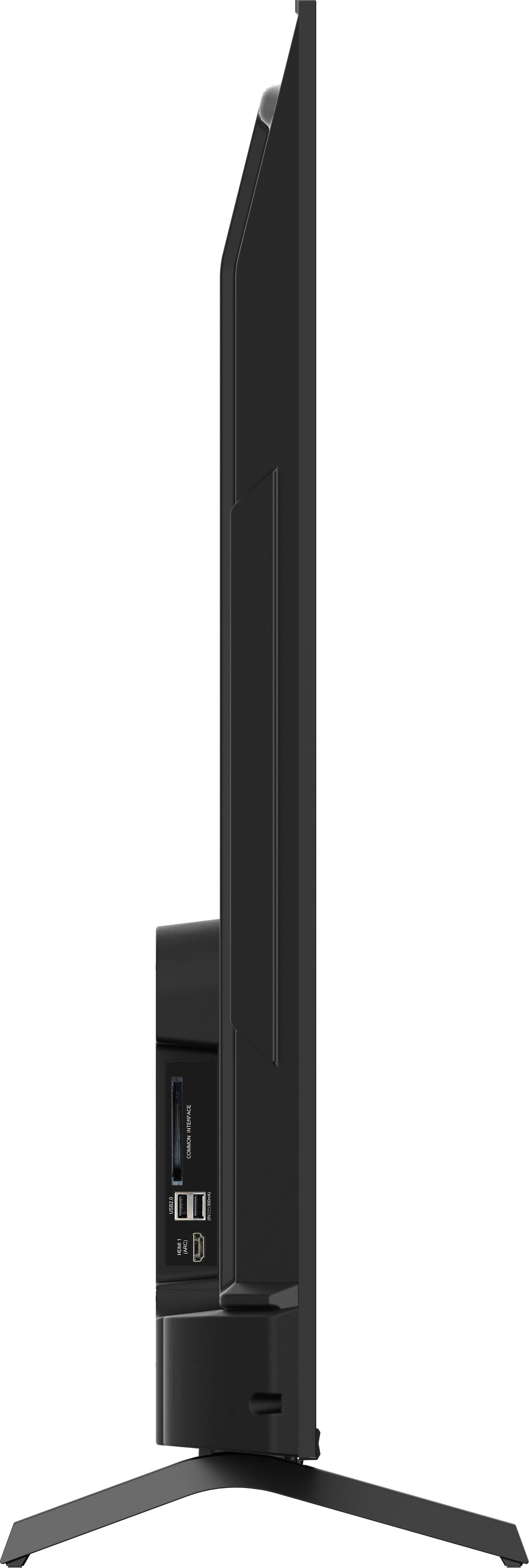Seitenansicht eines schwarzen Fernsehers auf einem Ständer mit Anschlüssen.