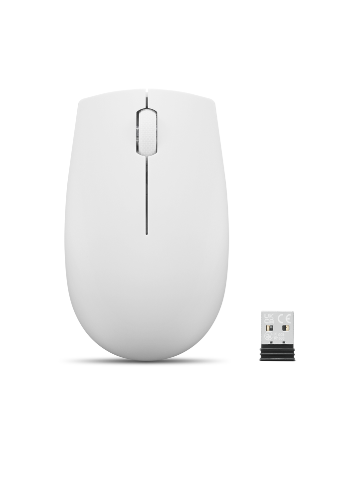 Siyah arka plan üzerinde USB alıcılı beyaz kablosuz fare.