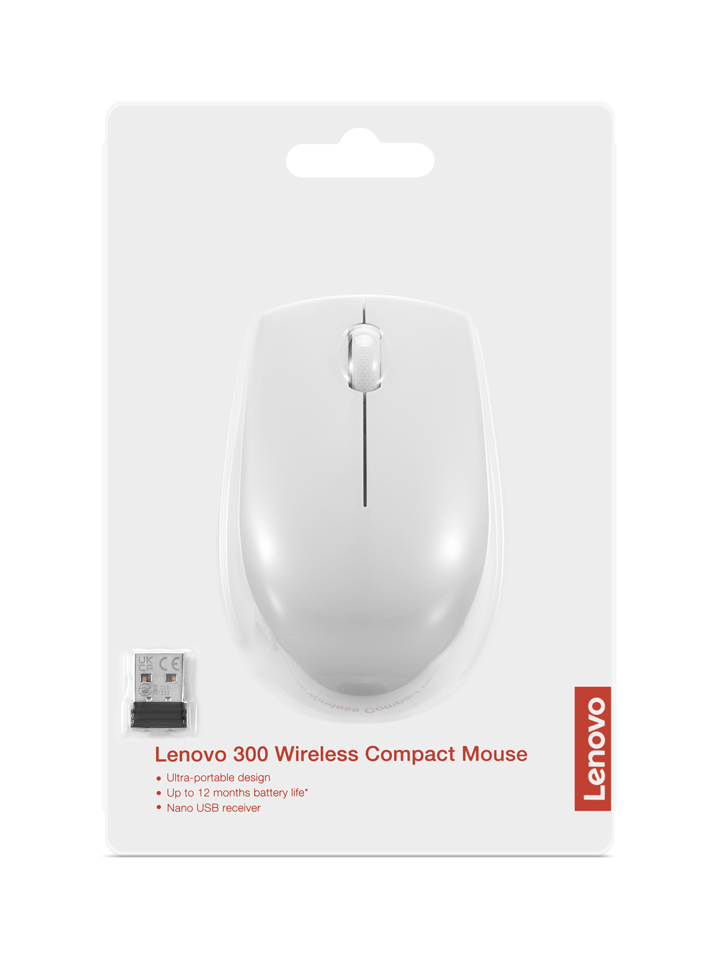 Ambalajında USB alıcısı ile birlikte beyaz bir Lenovo kablosuz fare.