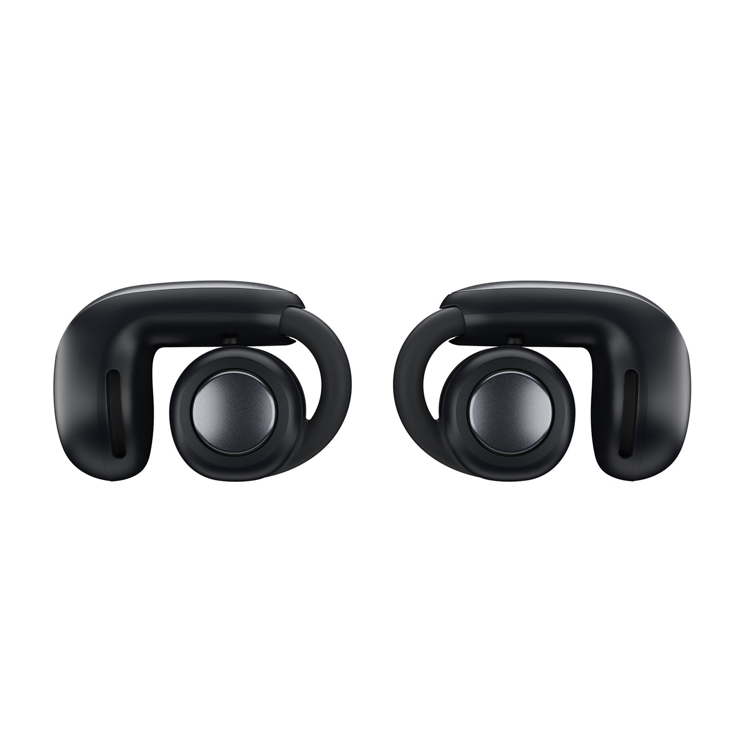 Auricolari wireless neri con ganci per l'orecchio, vista laterale, sfondo bianco.