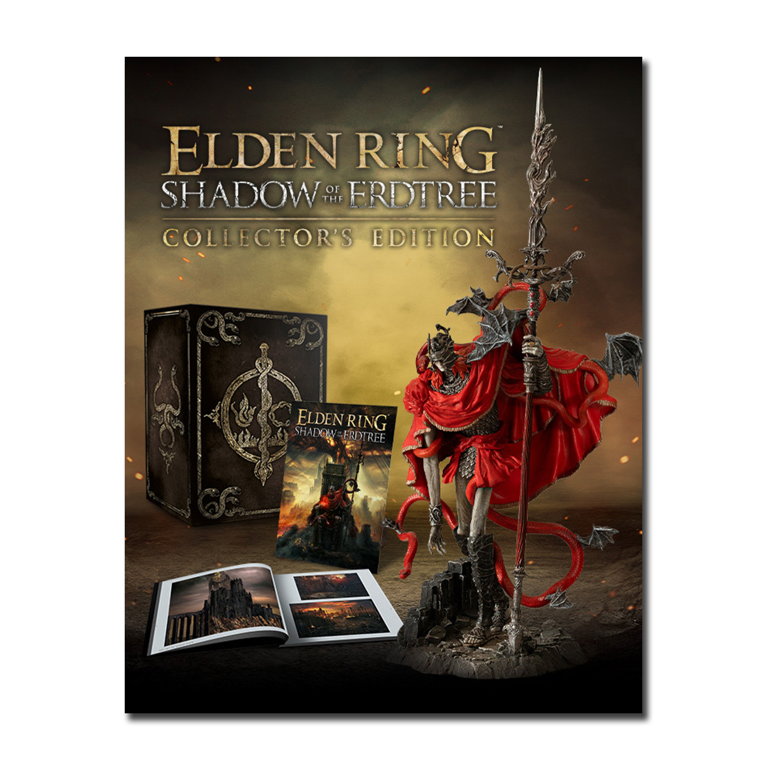Scatola di gioco e statuina di Elden Ring. Un personaggio in veste rossa con lancia e una scatola nera.