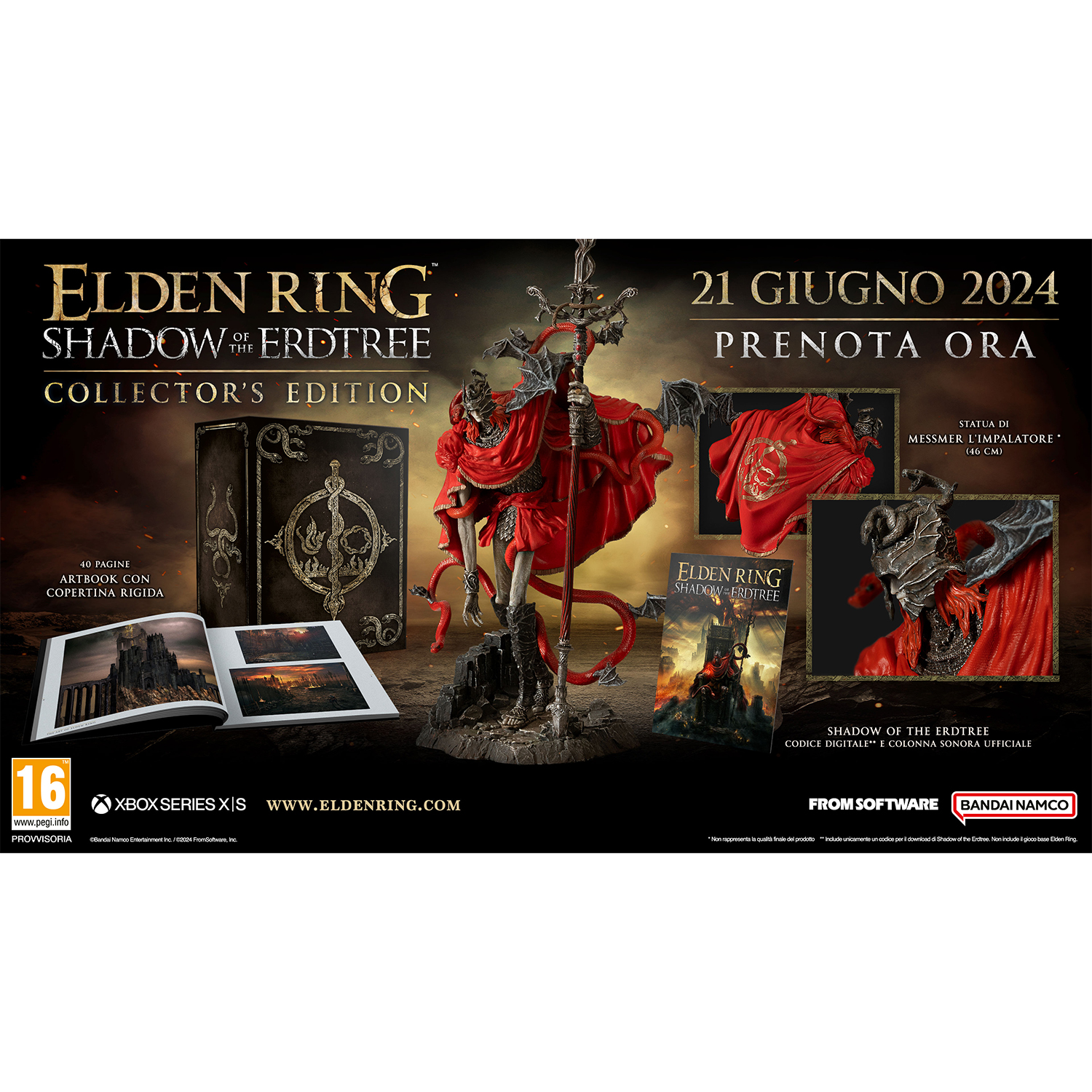Set di scatole dell'edizione da collezione di Elden Ring con una statua e un artbook.
