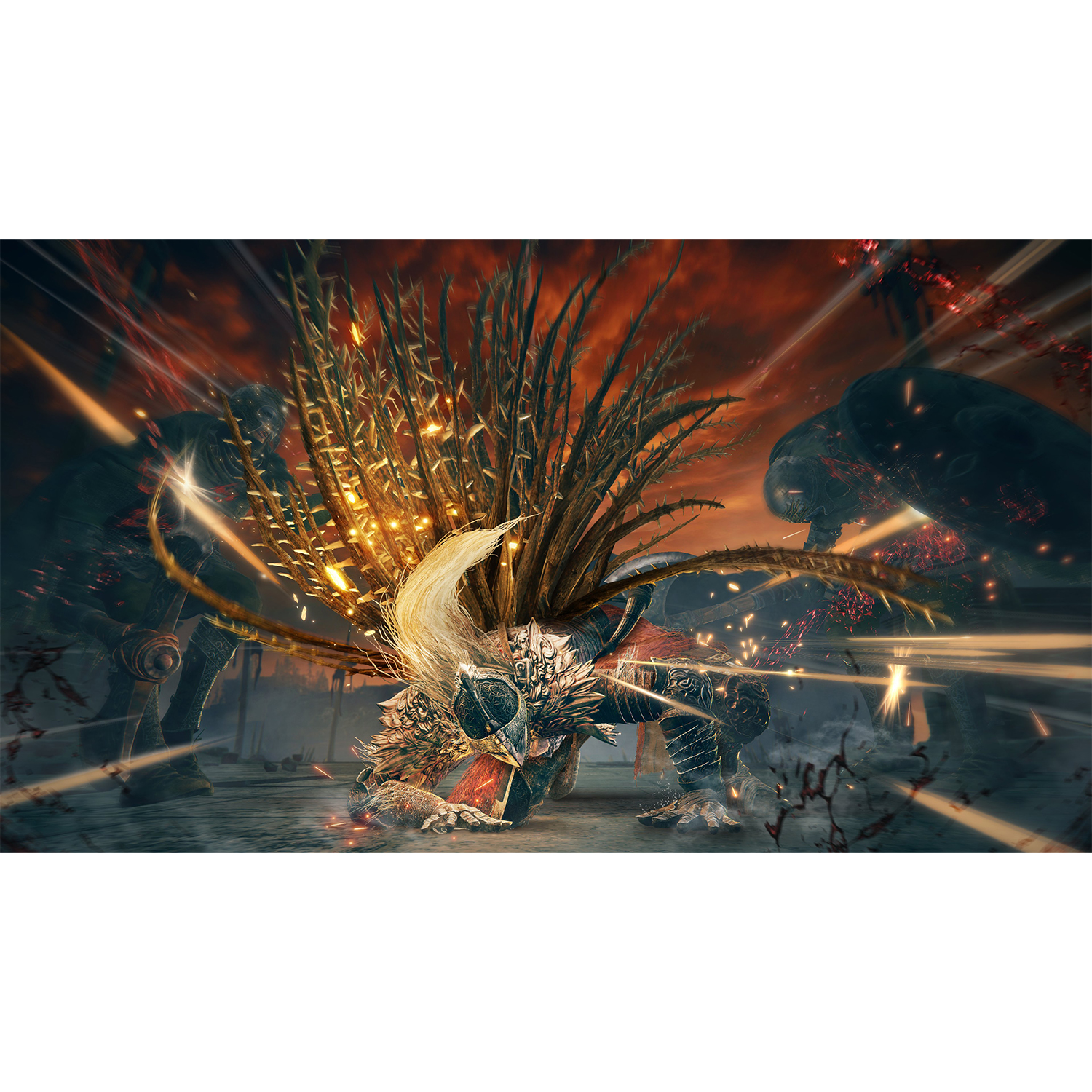 Una scena di videogioco con un grande mostro spinoso che combatte contro più figure in un'ambientazione oscura.
