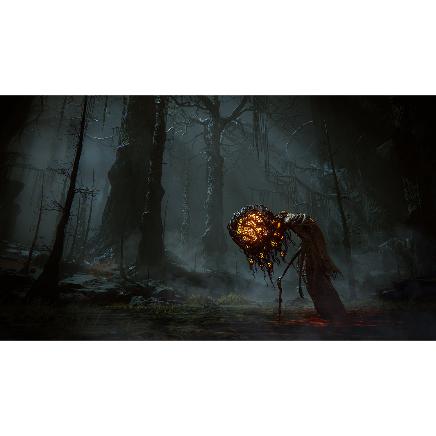 Scena di foresta oscura con creatura dalla testa luminosa, simile a un videogioco.