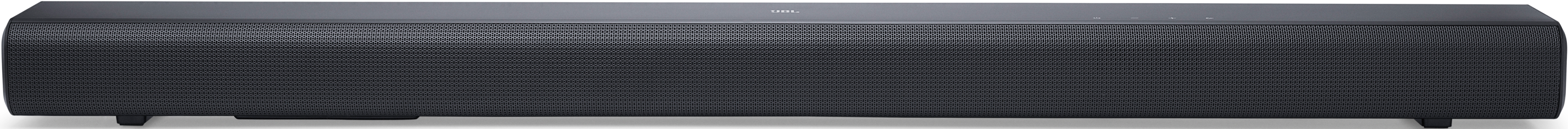 Una soundbar lunga e nera con superficie perforata e piccoli pulsanti sulla parte superiore.