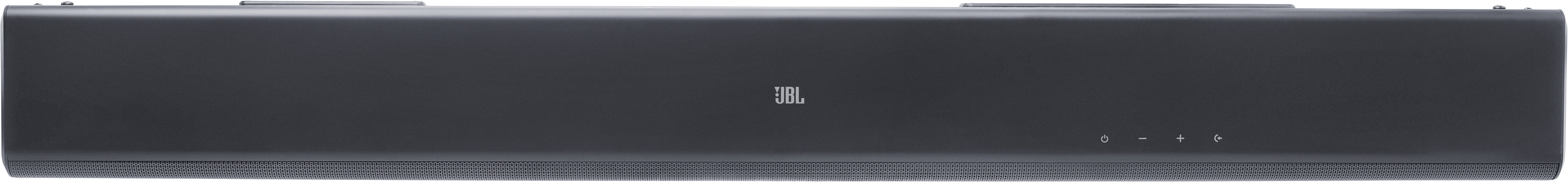 Una soundbar JBL nera con pulsanti volume e muto.