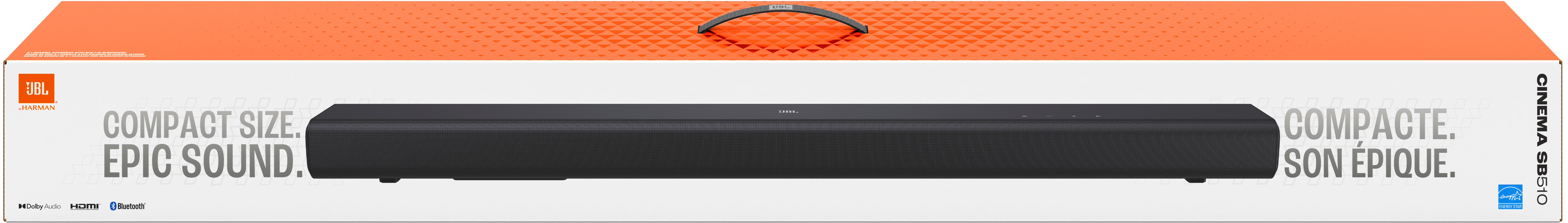 Una soundbar rettangolare nera in una scatola arancione. Testo: 'COMPACT SIZE. EPIC SOUND.' e 'CINEMA SB310'.