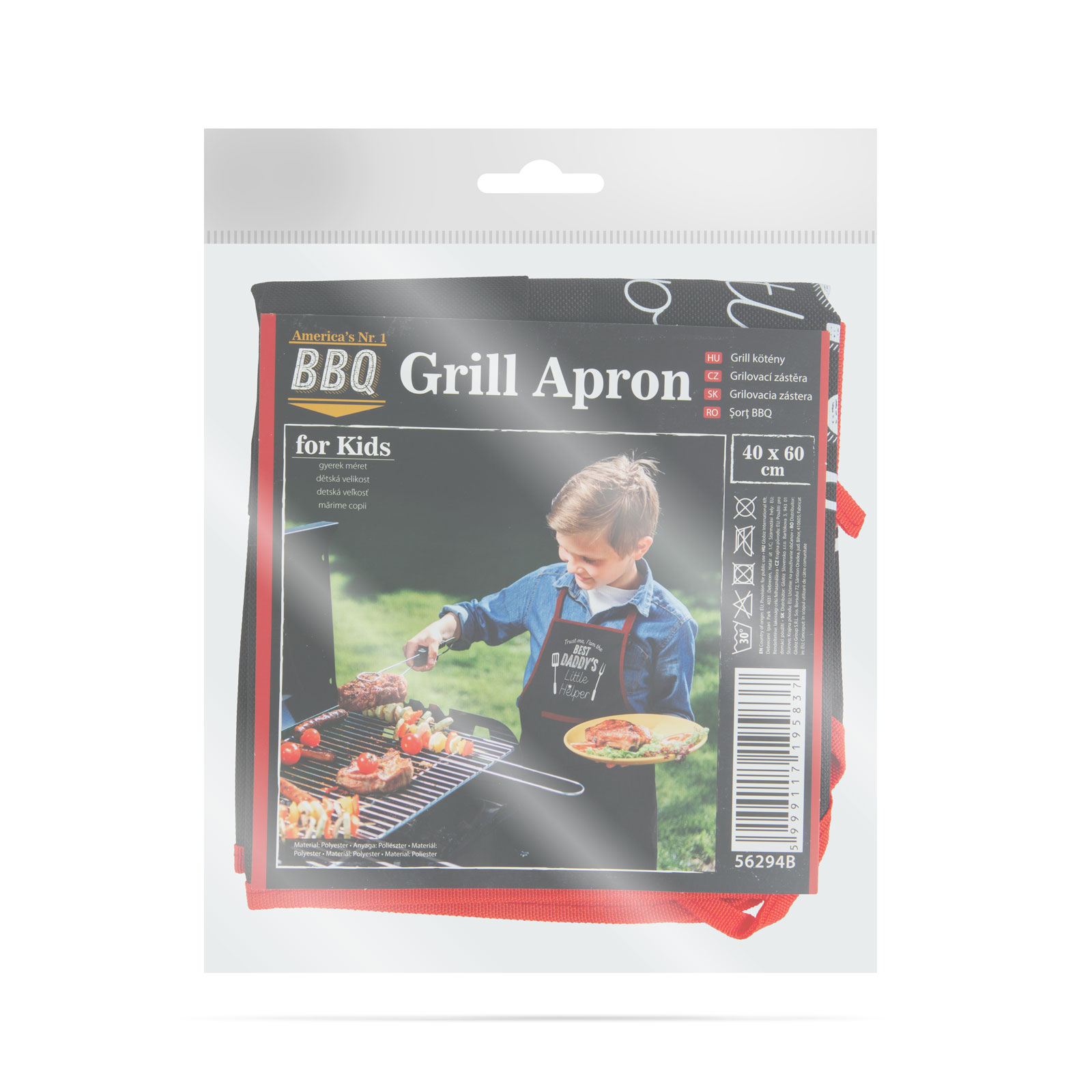 BBQ grill kötény egy műanyag zacskóban. Van egy gyereken, aki a kötényt viseli, és ételt süt a grillen.