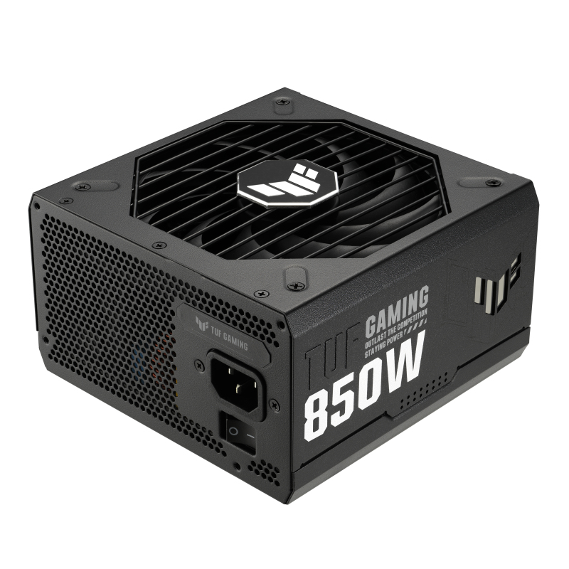 Schwarzes Netzteil mit Lüfter, TUF Gaming Logo und 850W Beschriftung.