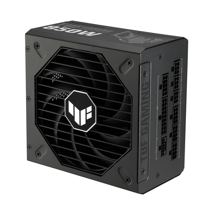 Schwarzer 850W TUF Gaming Netzteil mit Lüfter und Anschlüssen.