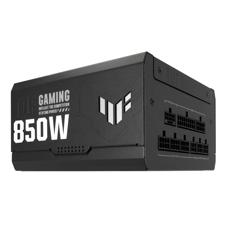 Schwarzes 850W TUF Gaming Netzteil mit Anschlüssen und Logo.
