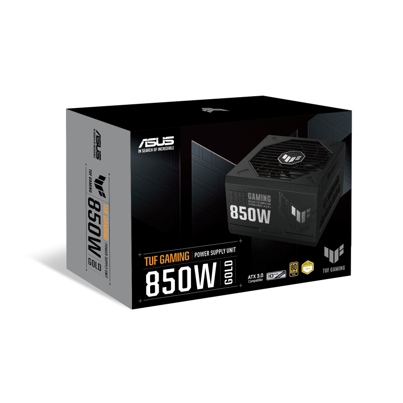 ASUS TUF Gaming 850W Netzteil auf schwarzer Verpackung mit Gold-Zertifizierung.