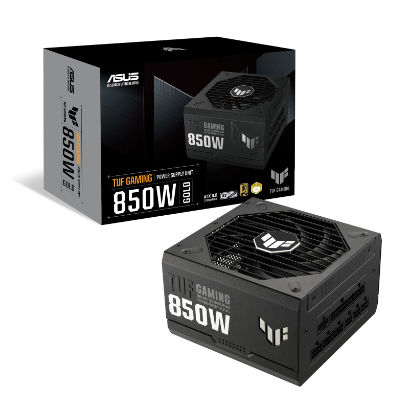 Schwarzes Netzteil mit TUF Gaming 850W Aufschrift und Verpackung.