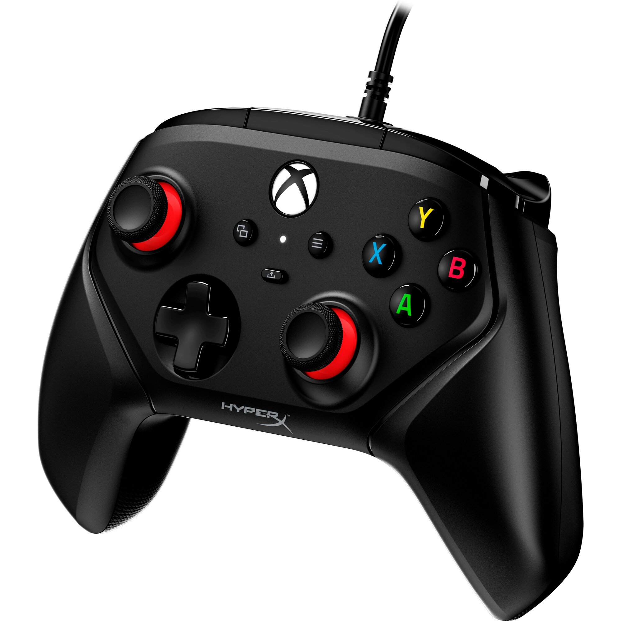 Kırmızı detaylı siyah Xbox denetleyicisi. Düğmeler etiketlenmiş. Denetleyici üzerinde HyperX yazıyor.