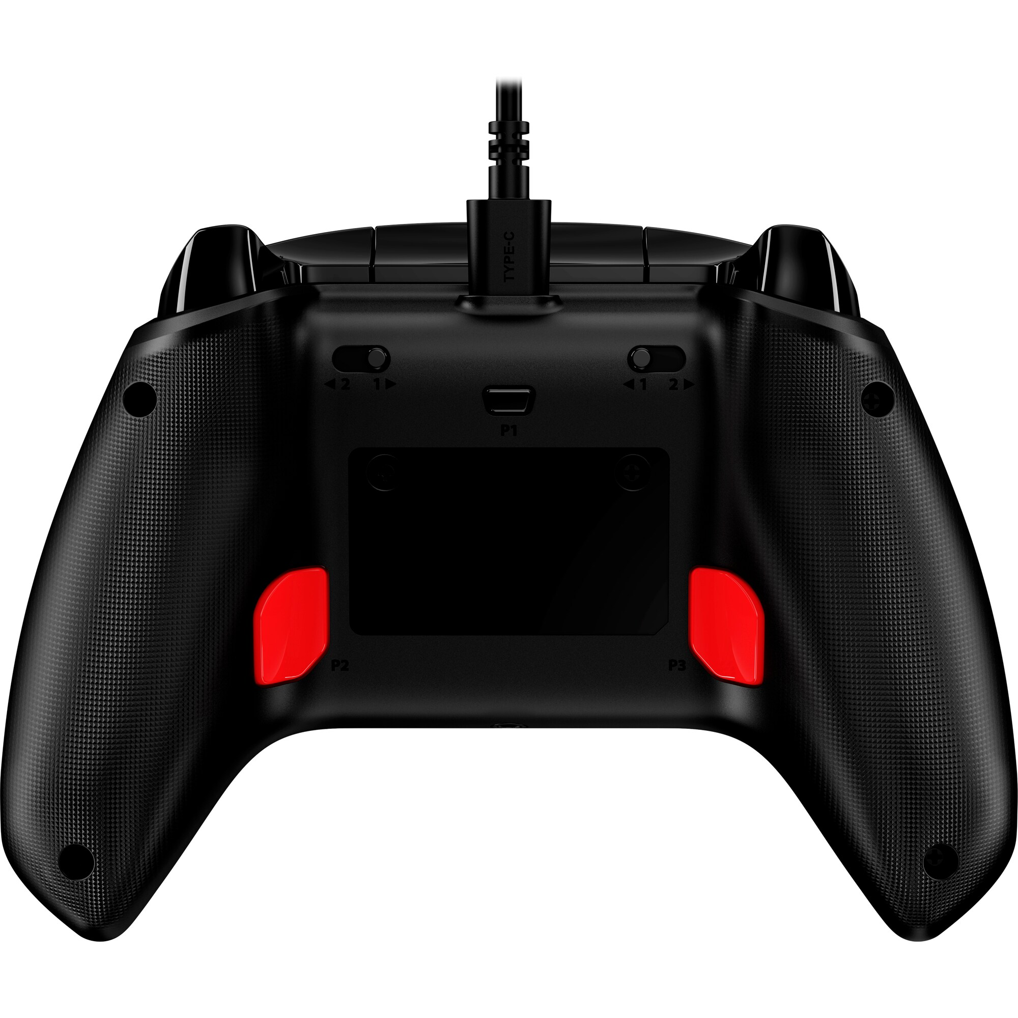 Kırmızı düğmeli ve USB-C kablosu bağlı siyah bir gamepad denetleyicisinin arkası.
