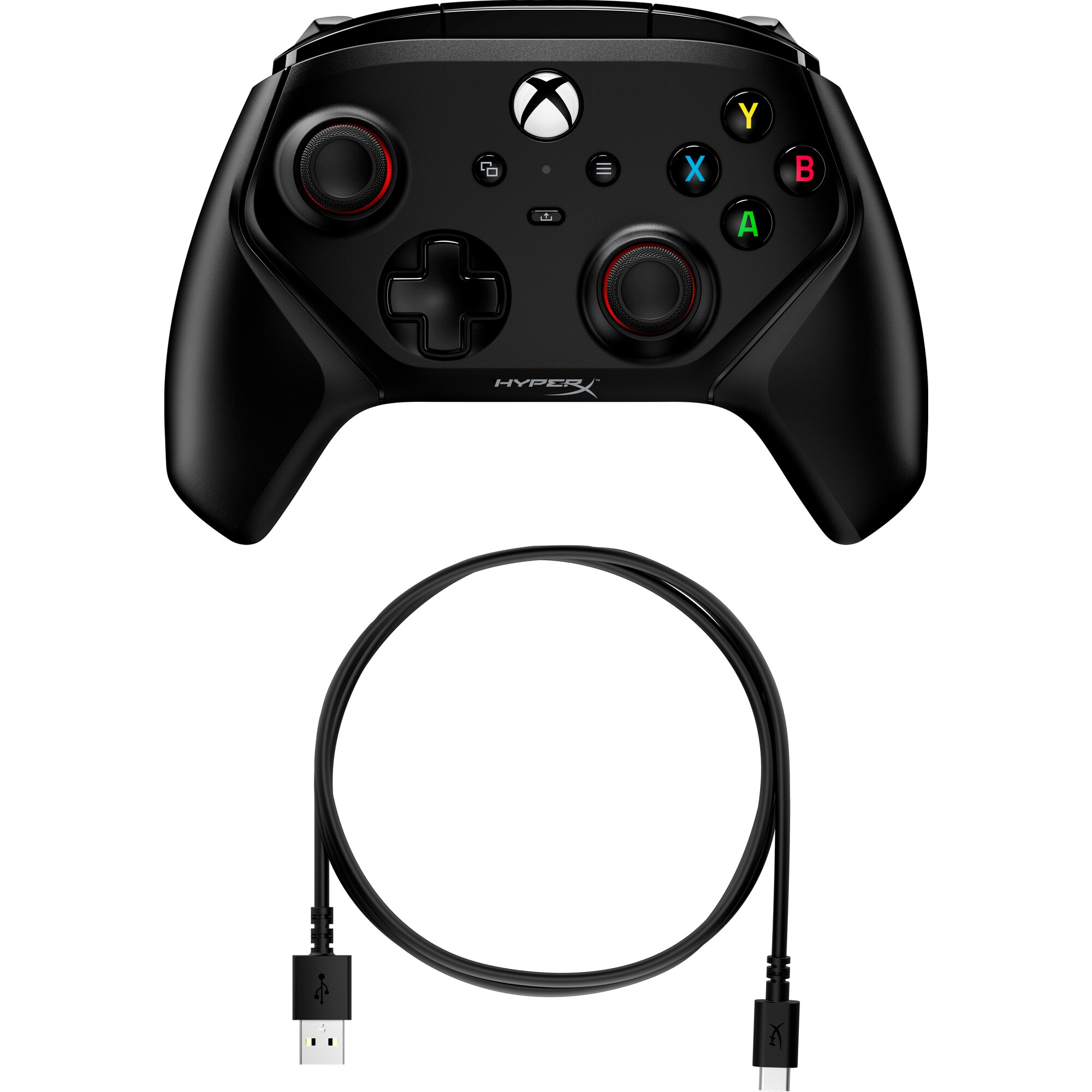 Beyaz zemin üzerinde siyah HyperX Xbox denetleyicisi ve USB kablosu, beyaz arka plan.