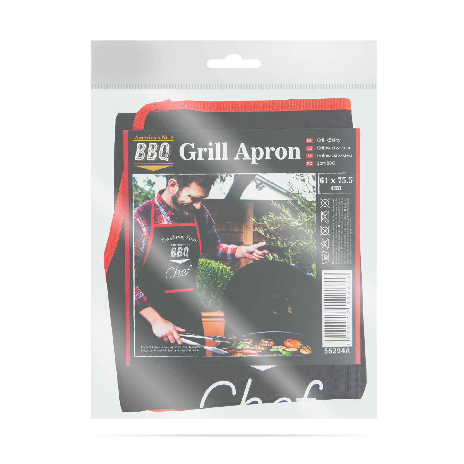 BBQ grill kötény csomagolásban, grillező férfival. Szöveg: Trust me, I'm a BBQ Chef.