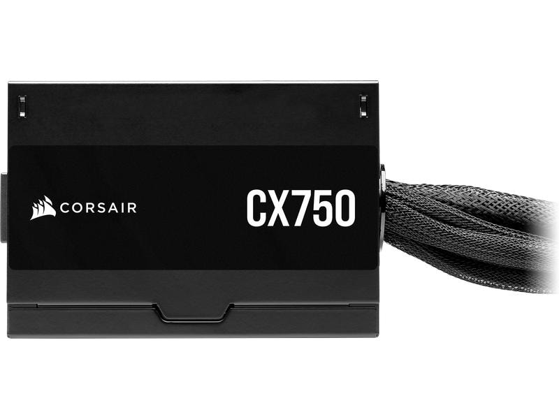 Ein schwarzes Corsair CX750 Netzteil mit dem Corsair-Logo.