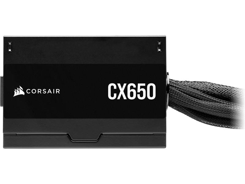 Schwarzes Netzteil mit Corsair-Logo und CX650-Text.