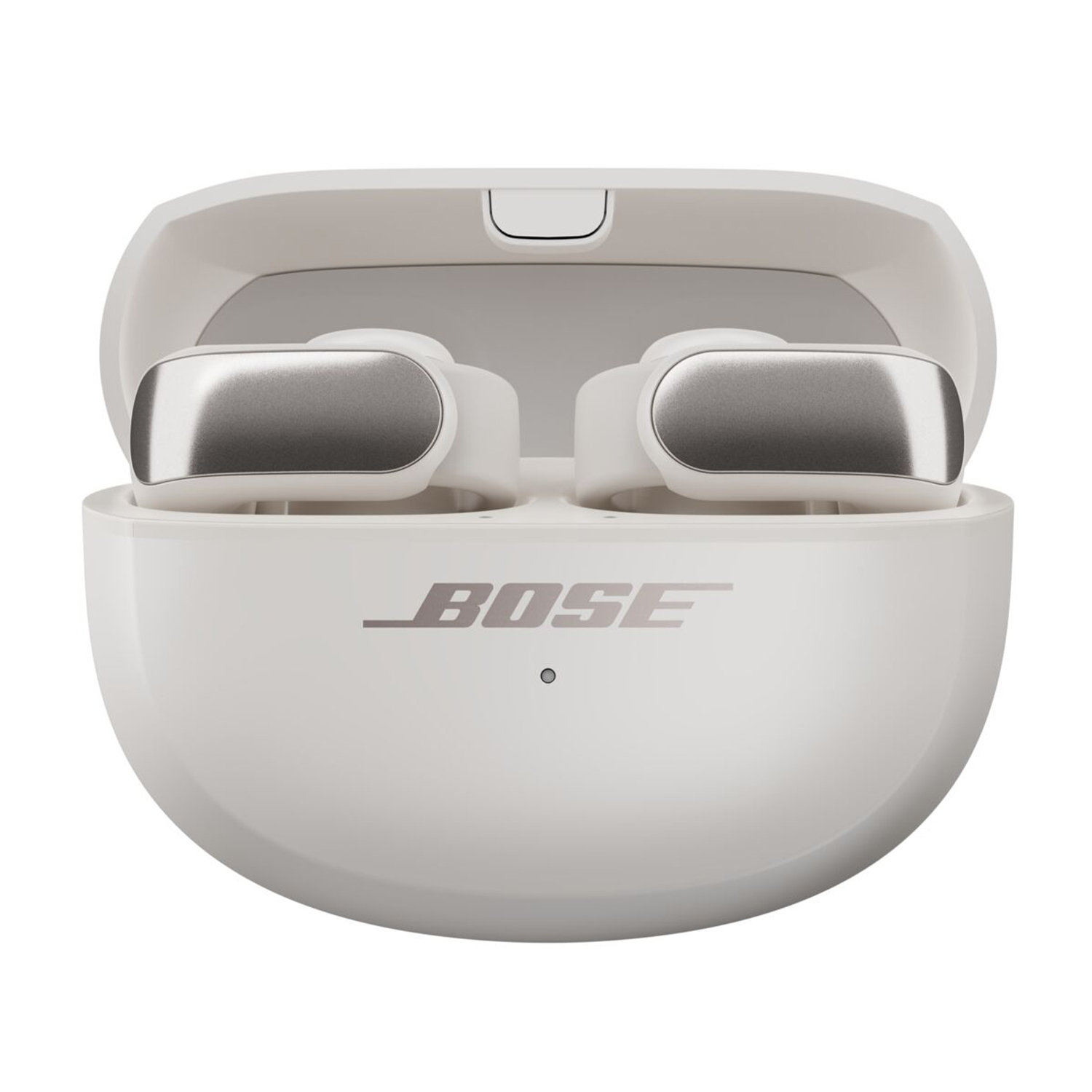 Auricolari wireless bianchi in una custodia di ricarica bianca, con marchio BOSE.