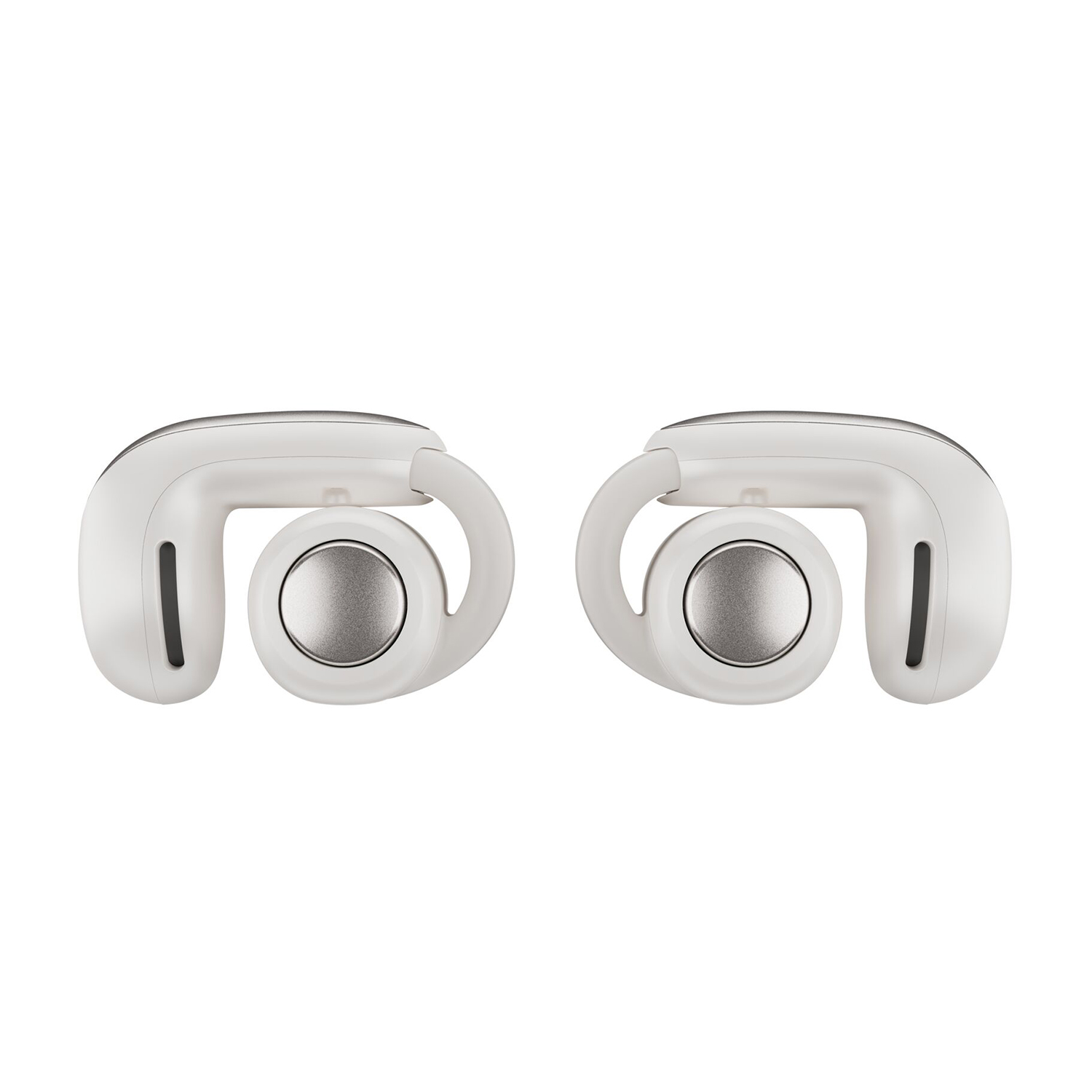 Coppia di auricolari wireless bianchi, con un accento argentato su sfondo bianco.