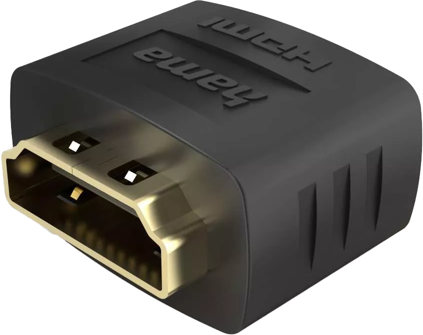 Fekete HDMI adapter. A tetején "HDMI" és "hama" feliratok láthatók.