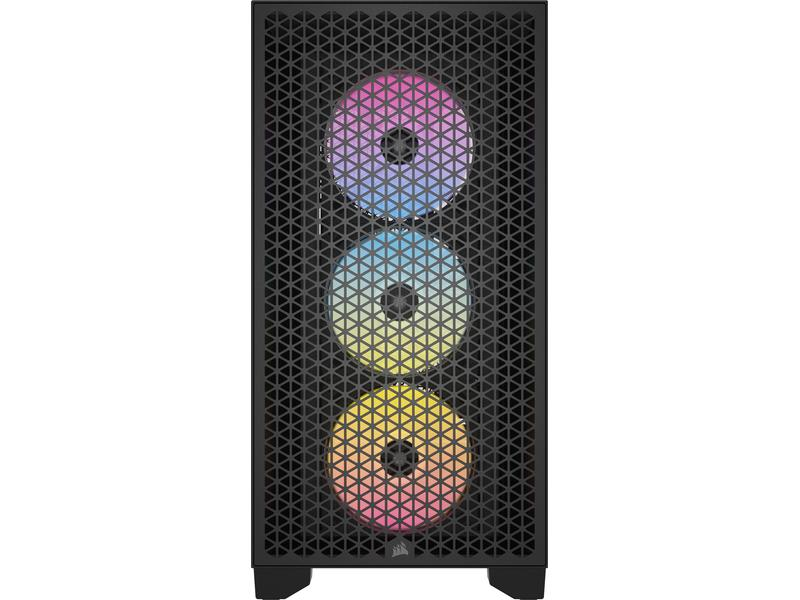 Schwarzes Computergehäuse mit drei RGB-Lüftern. Die Lüfter sind mit mehrfarbigen Lichtern beleuchtet, vertikal angeordnet.