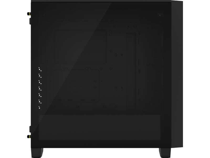 Schwarzes PC-Gehäuse mit transparentem Seitenteil, das die Innenkomponenten zeigt.