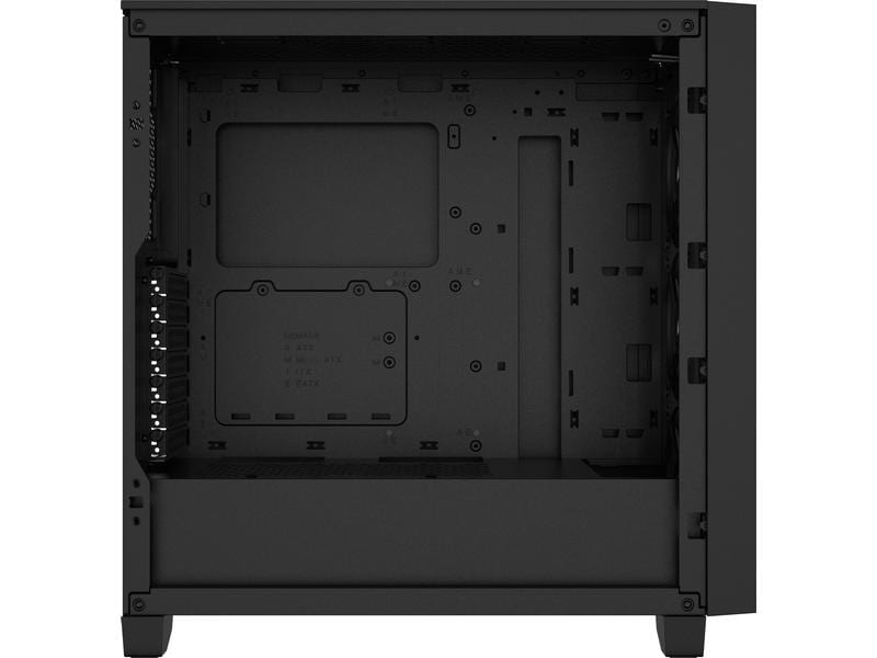 PC-Gehäuse innen, schwarz. Hat ein Hauptfach, Befestigungspunkte und verschiedene Aussparungen.