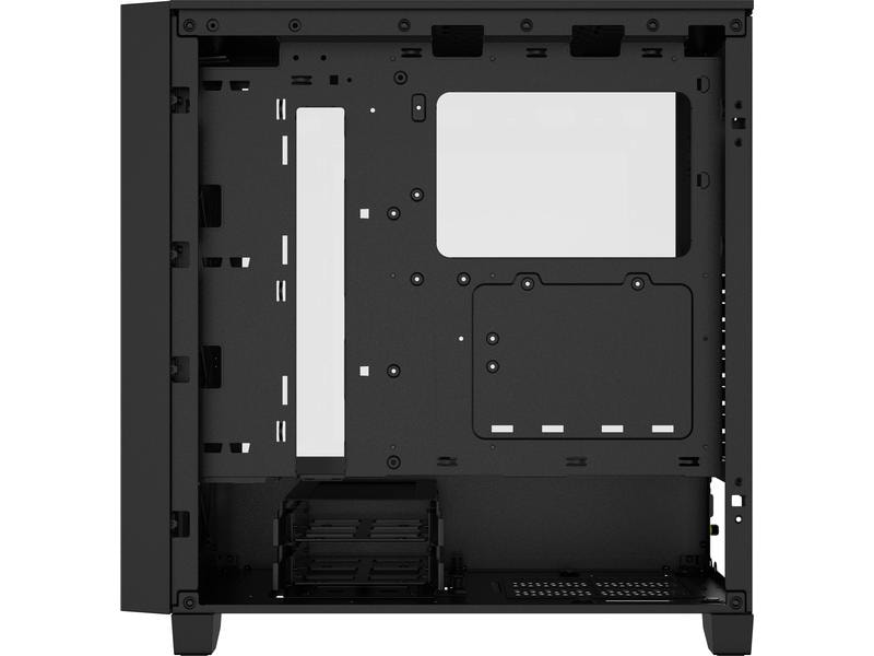 Schwarzes Computergehäuse-Innenteil mit verschiedenen Montagebereichen.
