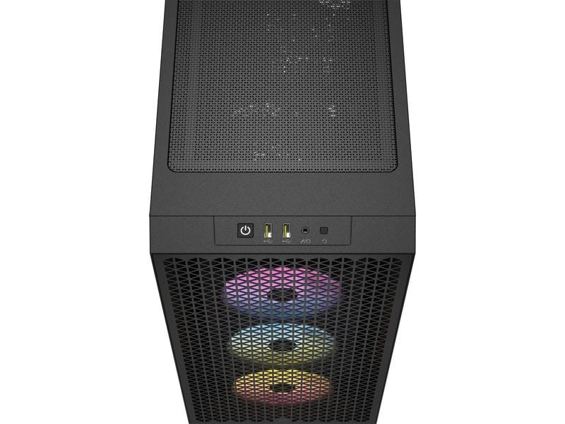 Schwarzes Computergehäuse, Draufsicht, mit bunten Lüftern.