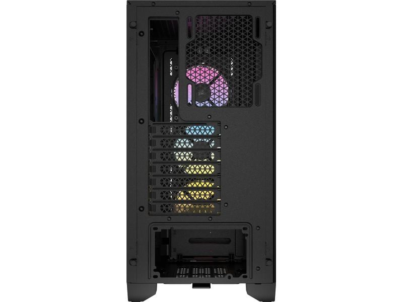 Computergehäuse Rückseite. Zeigt Lüfter, Lüftungsschlitze und Anschlüsse.