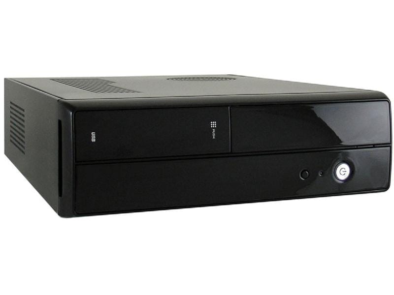 Ein schwarzes Computergehäuse mit USB-Anschluss, Power-Taste und Druckknopf. Das Gehäuse steht vor weißem Hintergrund.