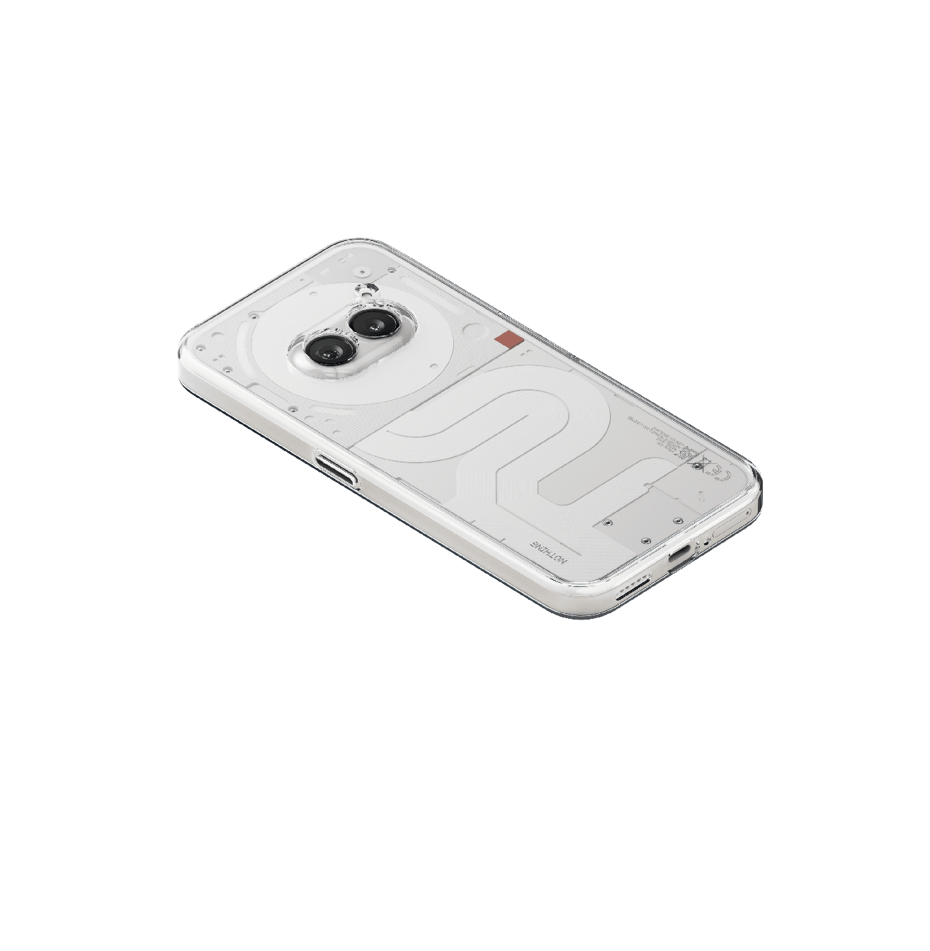 Parte trasera transparente de un teléfono Nothing, mostrando componentes.