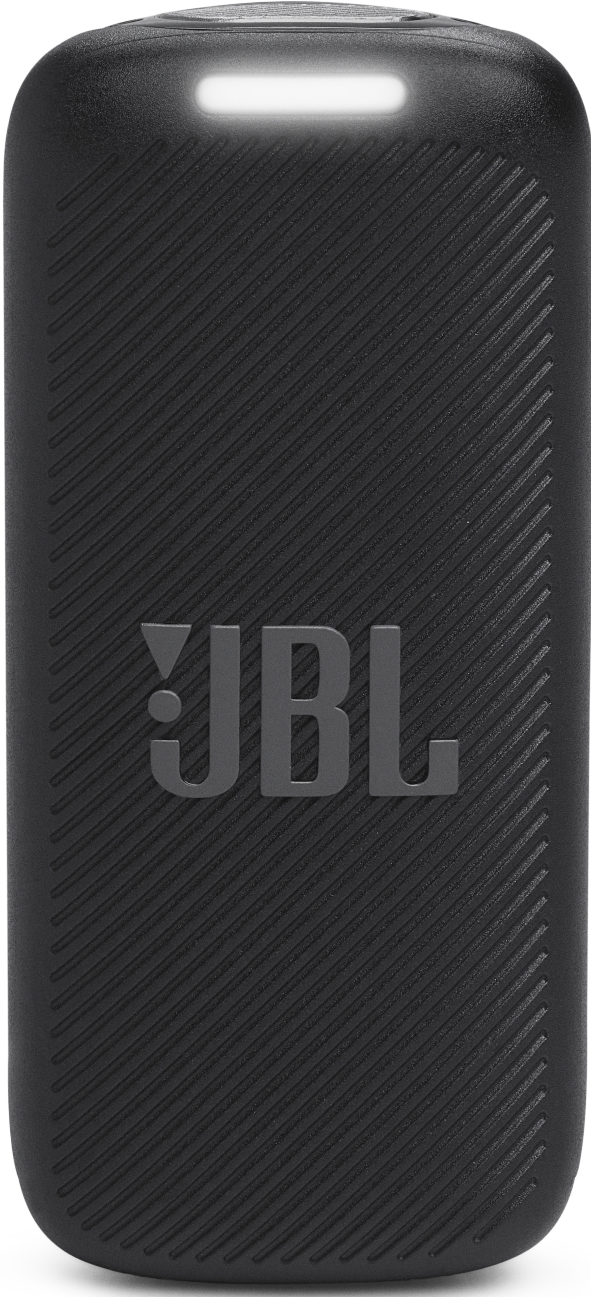 Altoparlante JBL nero con texture a coste e una striscia luminosa in alto.