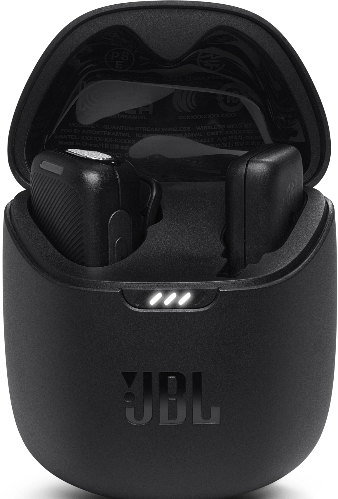 Auricolari JBL neri in una custodia di ricarica aperta. Quattro LED bianchi indicano il livello di carica.