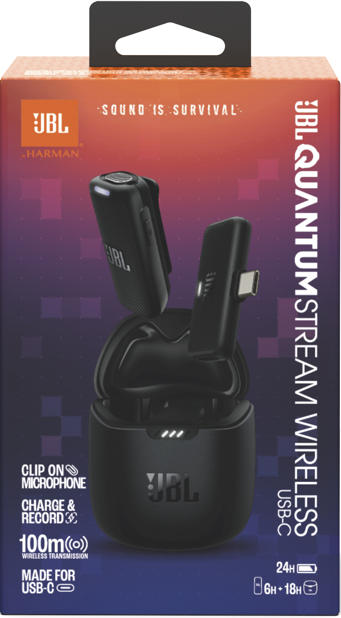 Confezione microfono wireless JBL Quantum Stream USB-C con due microfoni e custodia di ricarica.