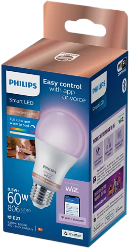 Fehér Philips Smart LED izzó dobozban, termékadatokkal.