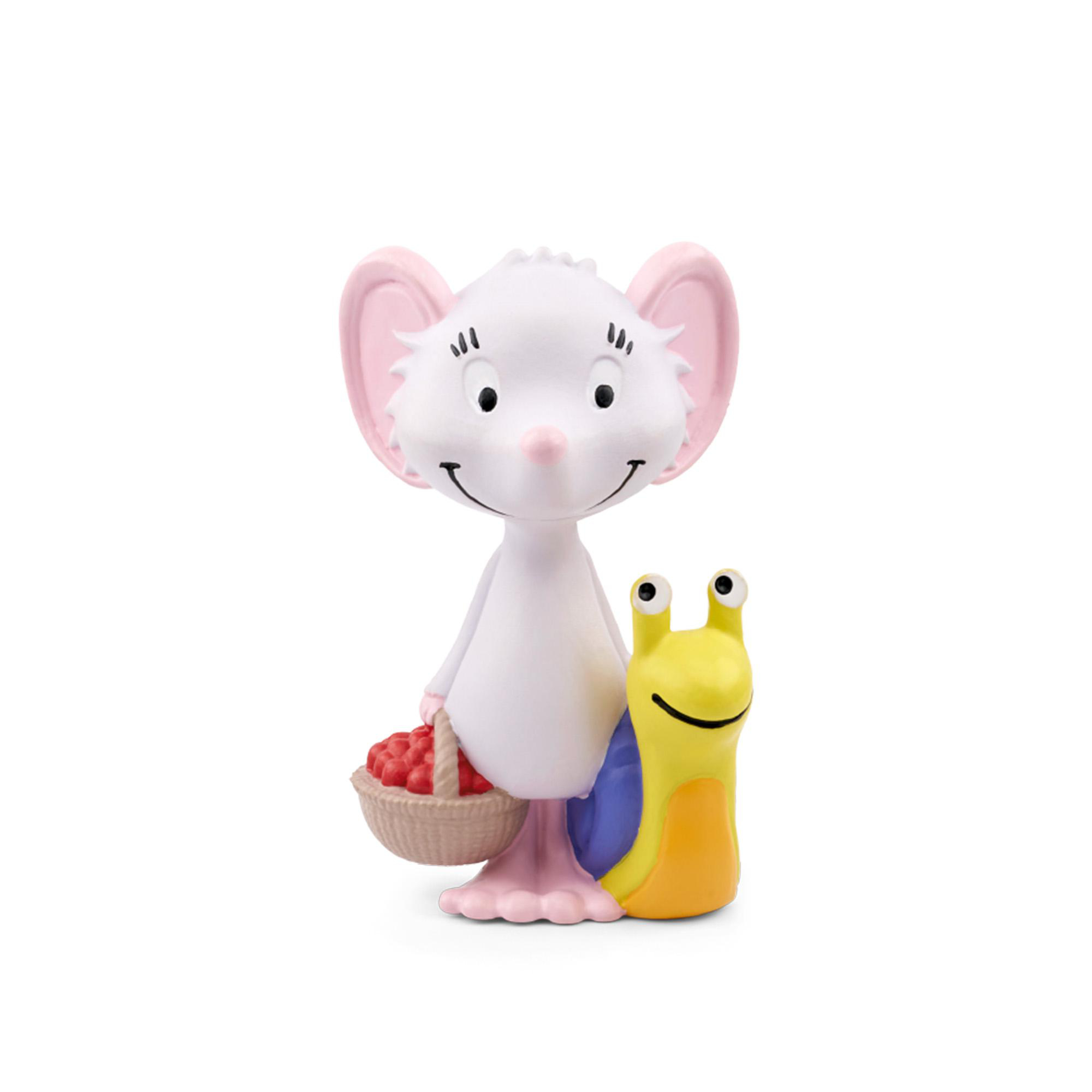 Eine Zeichentrick-Mausfigur mit einem Korb roter Beeren neben einer lächelnden gelben Schnecke.