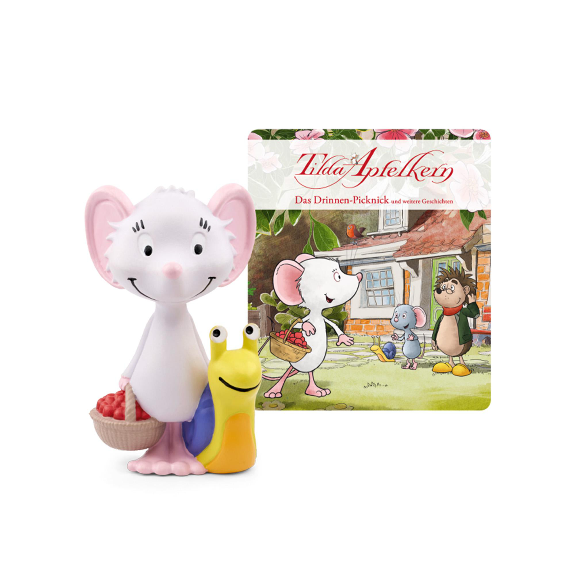 Eine Mausfigur und eine Schneckenfigur mit einem Buch mit Illustrationen.