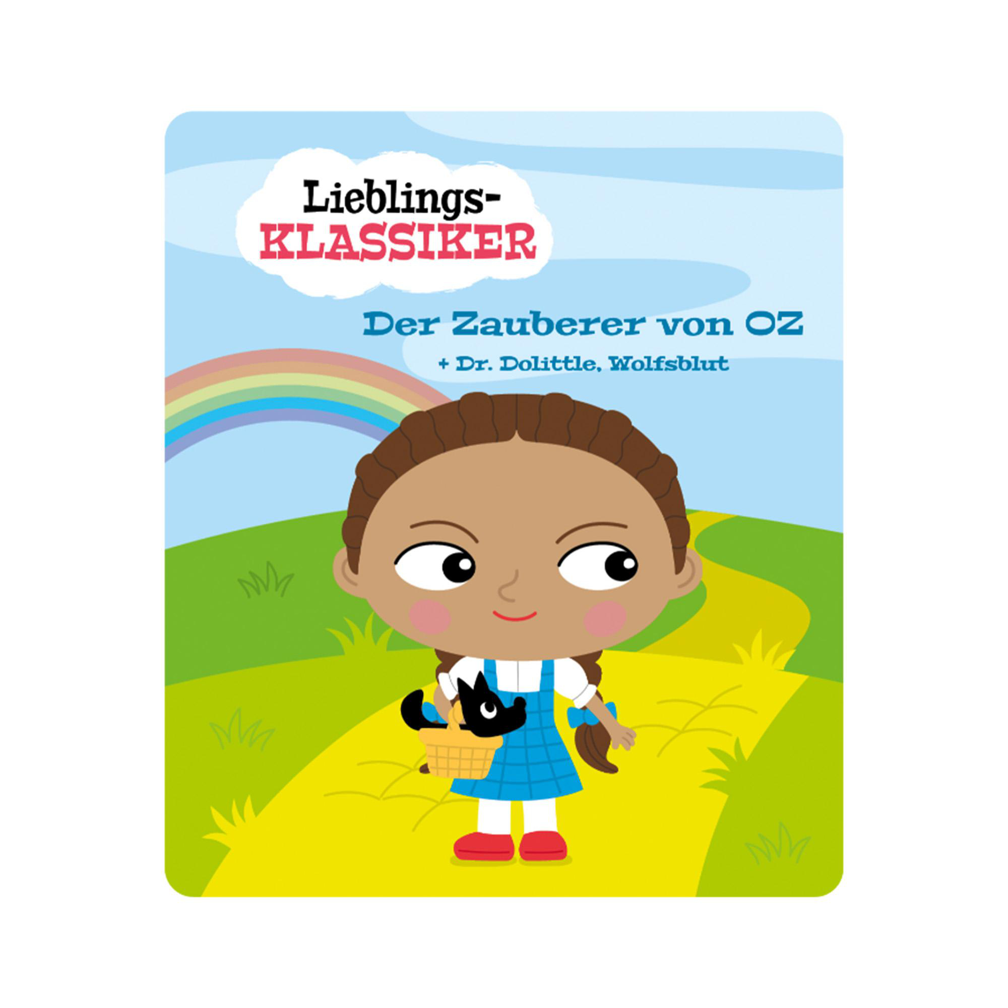 Buchcover-Illustration von Dorothy und Toto auf dem gelben Ziegelsteinweg.