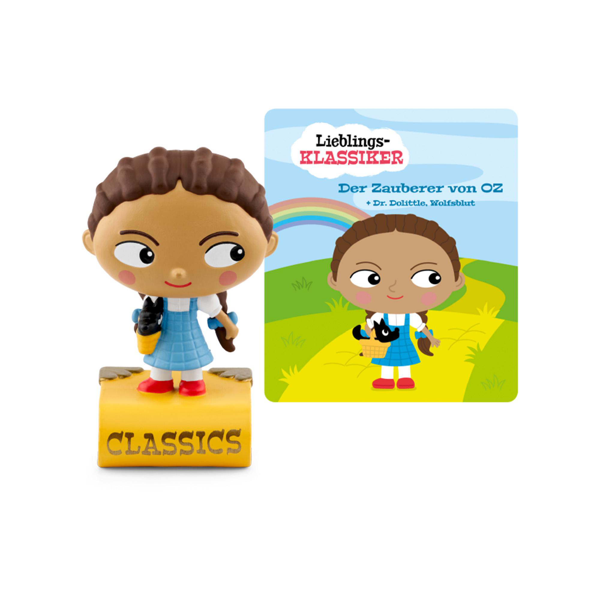Dorothy-Spielfigur mit Buchcover von Zauberer von Oz. Weißer Hintergrund, Cartoon-Stil.