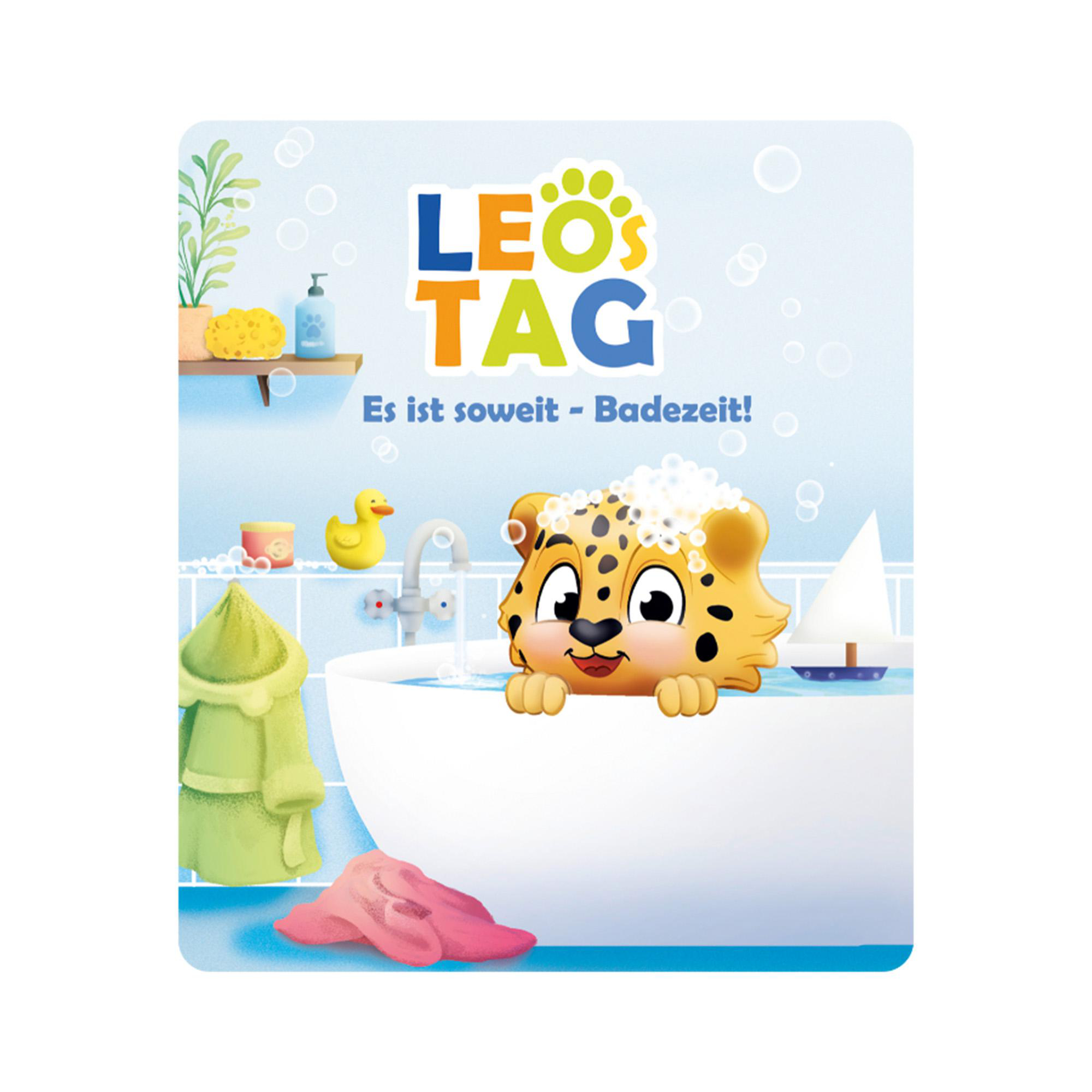 Cartoon-Bild eines Geparden in einer Badewanne. Text: Leo's Tag, Es ist soweit- Badezeit!