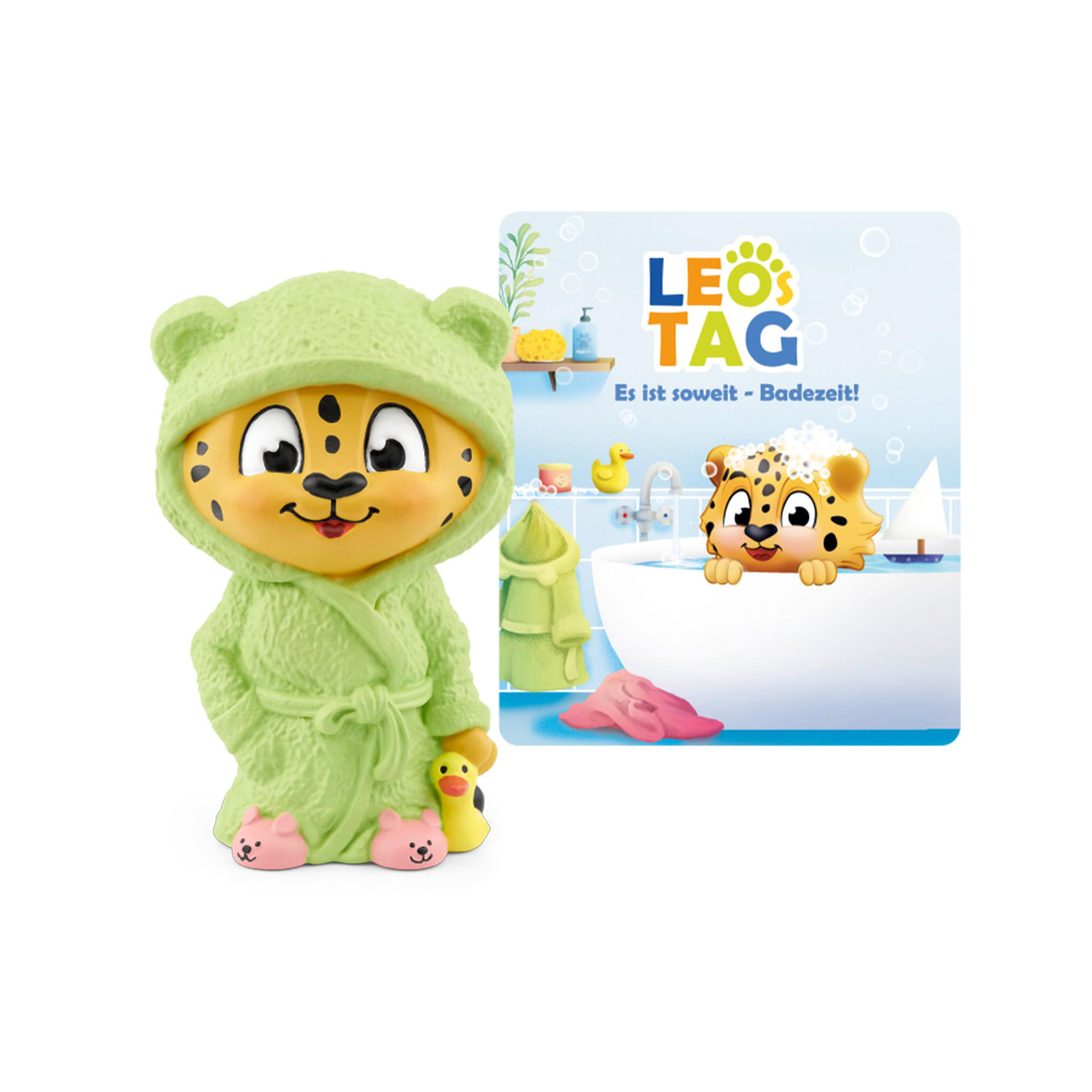 Leos Tag Spielzeug, Leopard im grünen Bademantel, mit Aufkleber einer Badeszene und Leo.