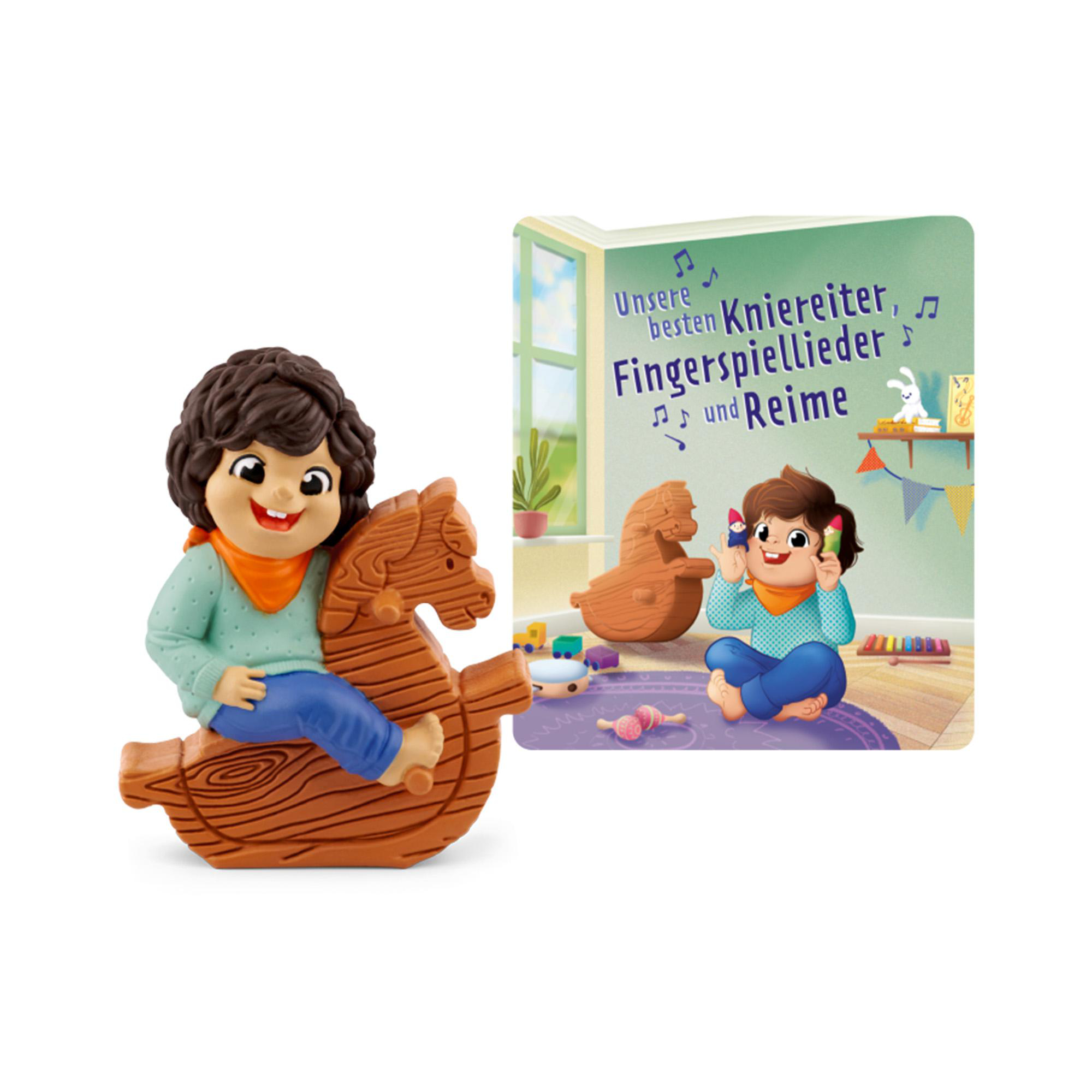 Ein Spielzeugkind auf einem Schaukelpferd mit einem Buch. Das Buch zeigt ein lesendes Kind und ein Pferd.
