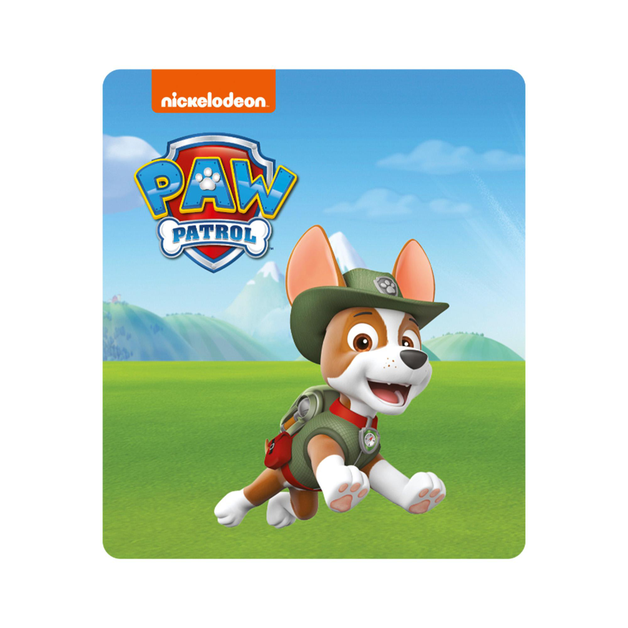 Paw Patrol Charakter, ein Hund in Entdeckerausrüstung, der auf grünem Gras rennt. Himmel und Hügel im Hintergrund.