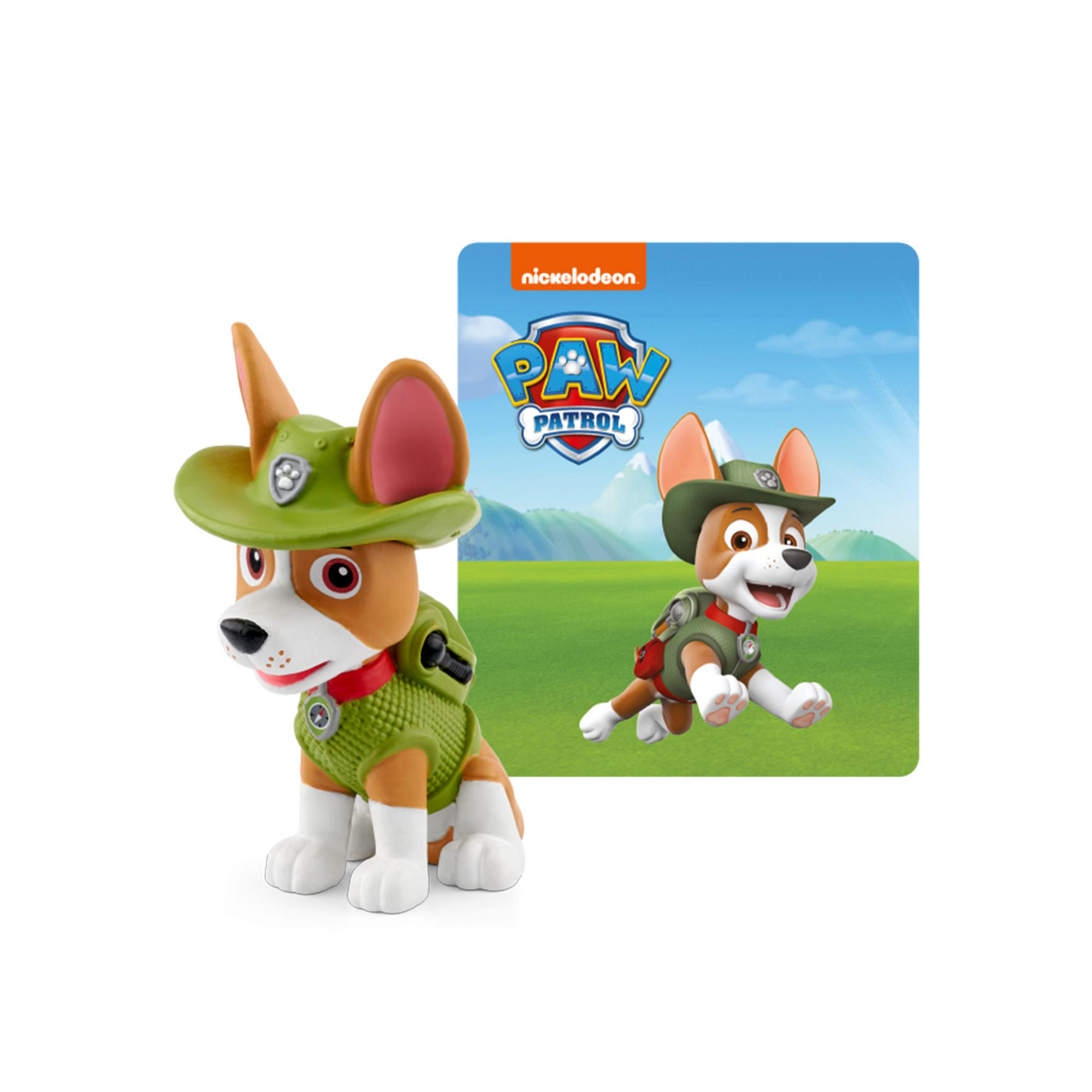 Paw Patrol-Charakterfigur und Bild. Die Figur ist ein Hund mit Hut und Weste.
