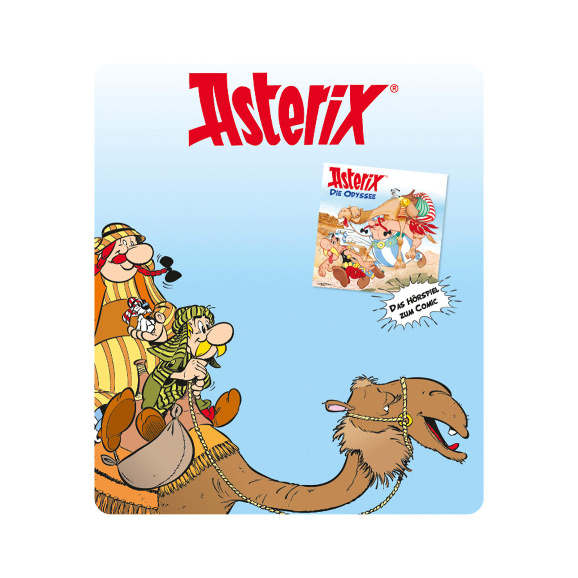 Asterix-Comic-Cover mit Figuren, Kamel und arabischen Figuren sowie einem kleinen Buchbild.