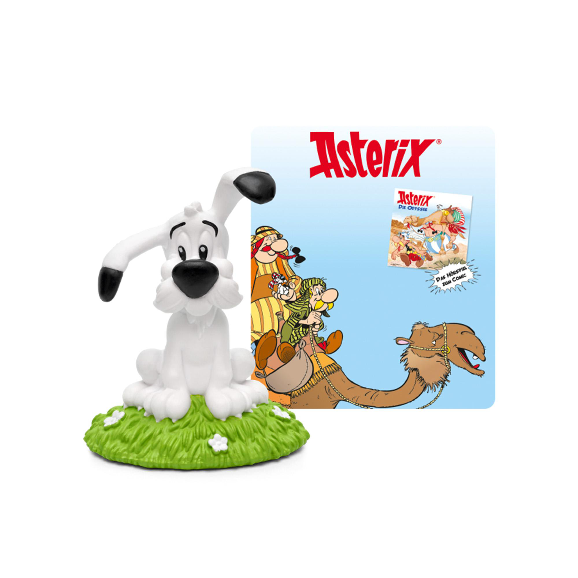 Asterix-Figur auf grüner Basis mit Blumen. Der Hintergrund zeigt Asterix-Comic.