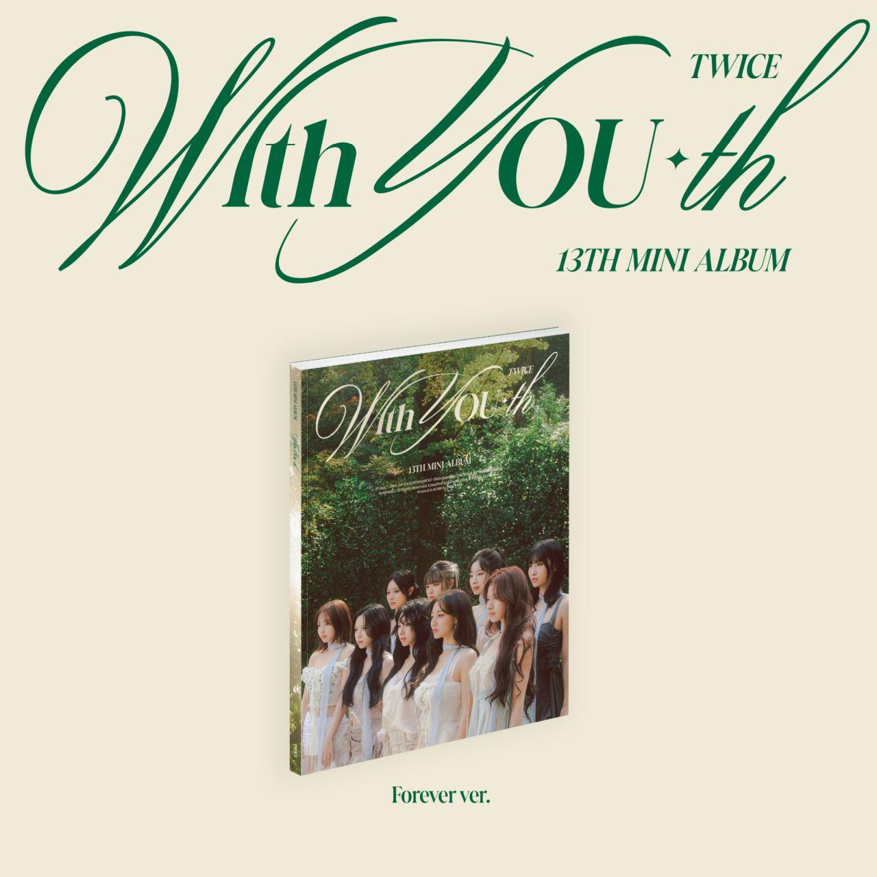 TWICE Albumcover: Gruppenfoto, Text 'With YOU-th', 13. Mini-Album, grüner Hintergrund.